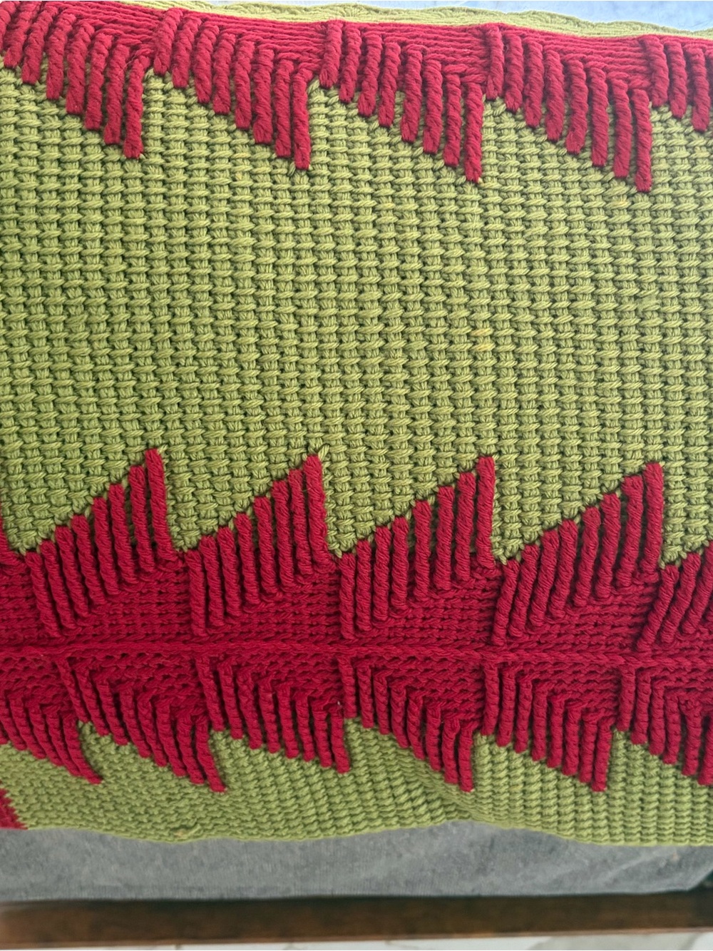 Vintage Handmade Crochet Afghan 64x45 (approx) Green Red Geometric Throw